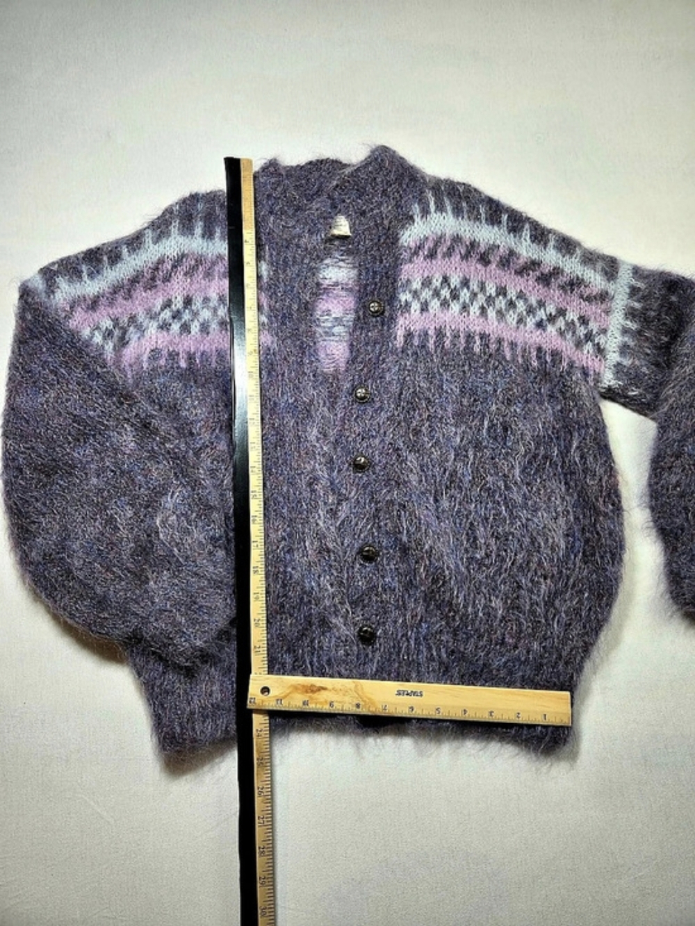 Hand Knitted Vintage Unique Fair Isle Mohair Wool Knit Button Cardigan Sz S